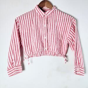 Zara Girls Red White Striped Linen Button Up Oversized Crop Top Size 8-9 Beach